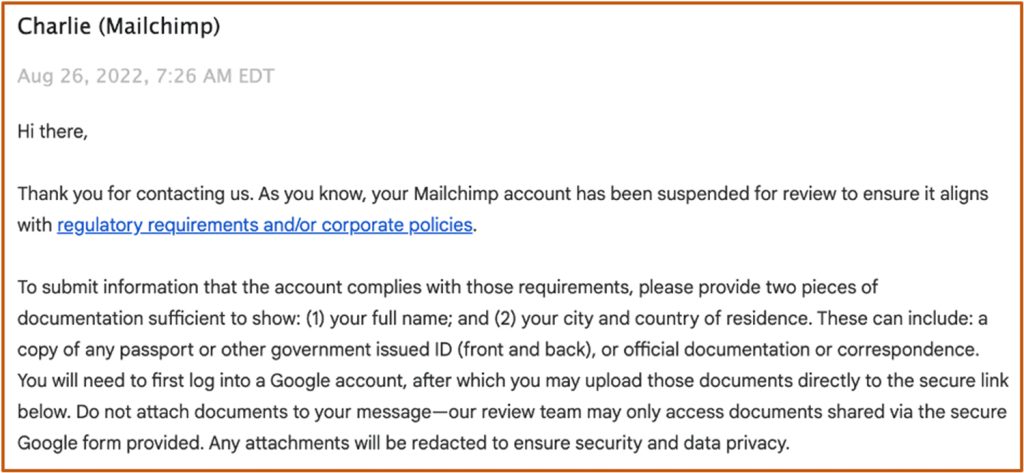 Notification of suspended MailChimp services