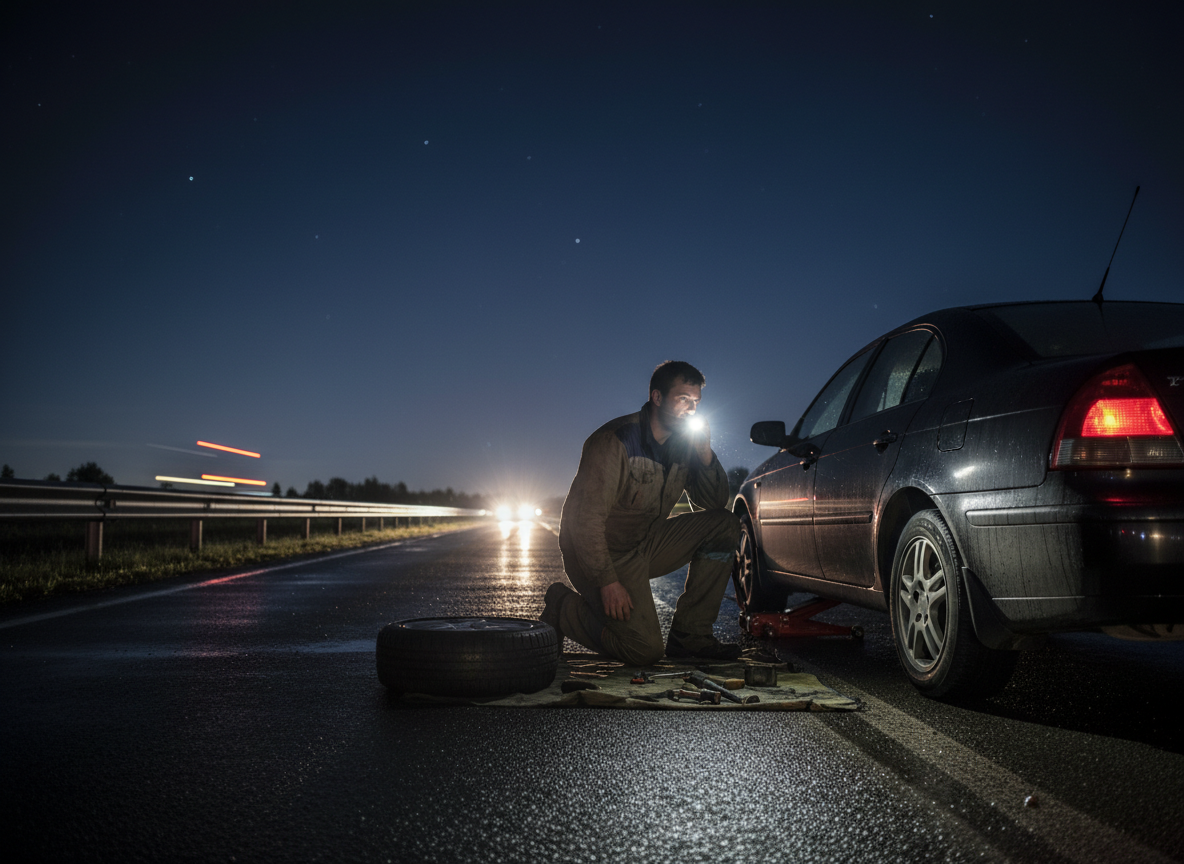 man changing tire on car at night